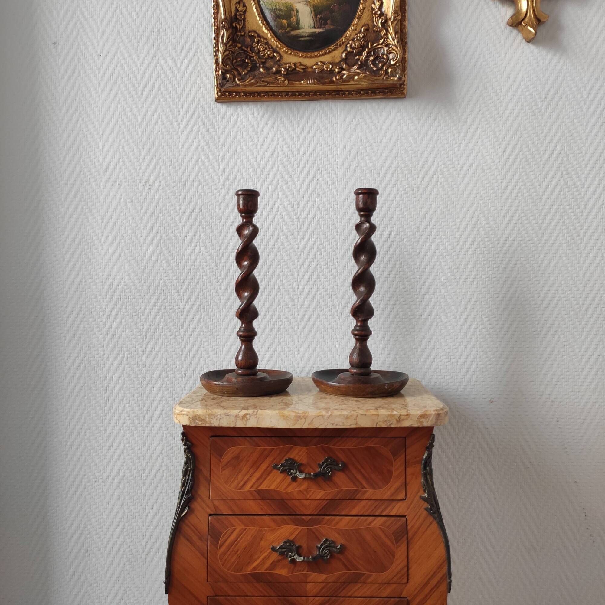 Pair of antique English turned wood candlesticks