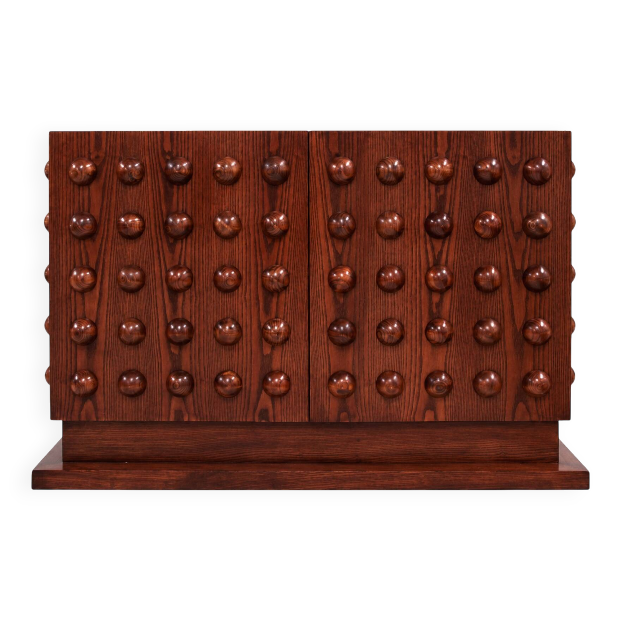 Italian Brutalist Hand-Carved Oak Wood Sideboard with Sculptural Studded Do