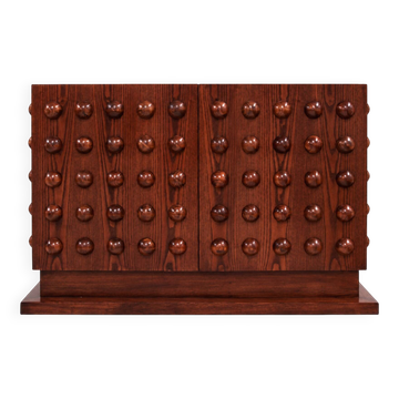 Italian Brutalist Hand-Carved Oak Wood Sideboard with Sculptural Studded Do