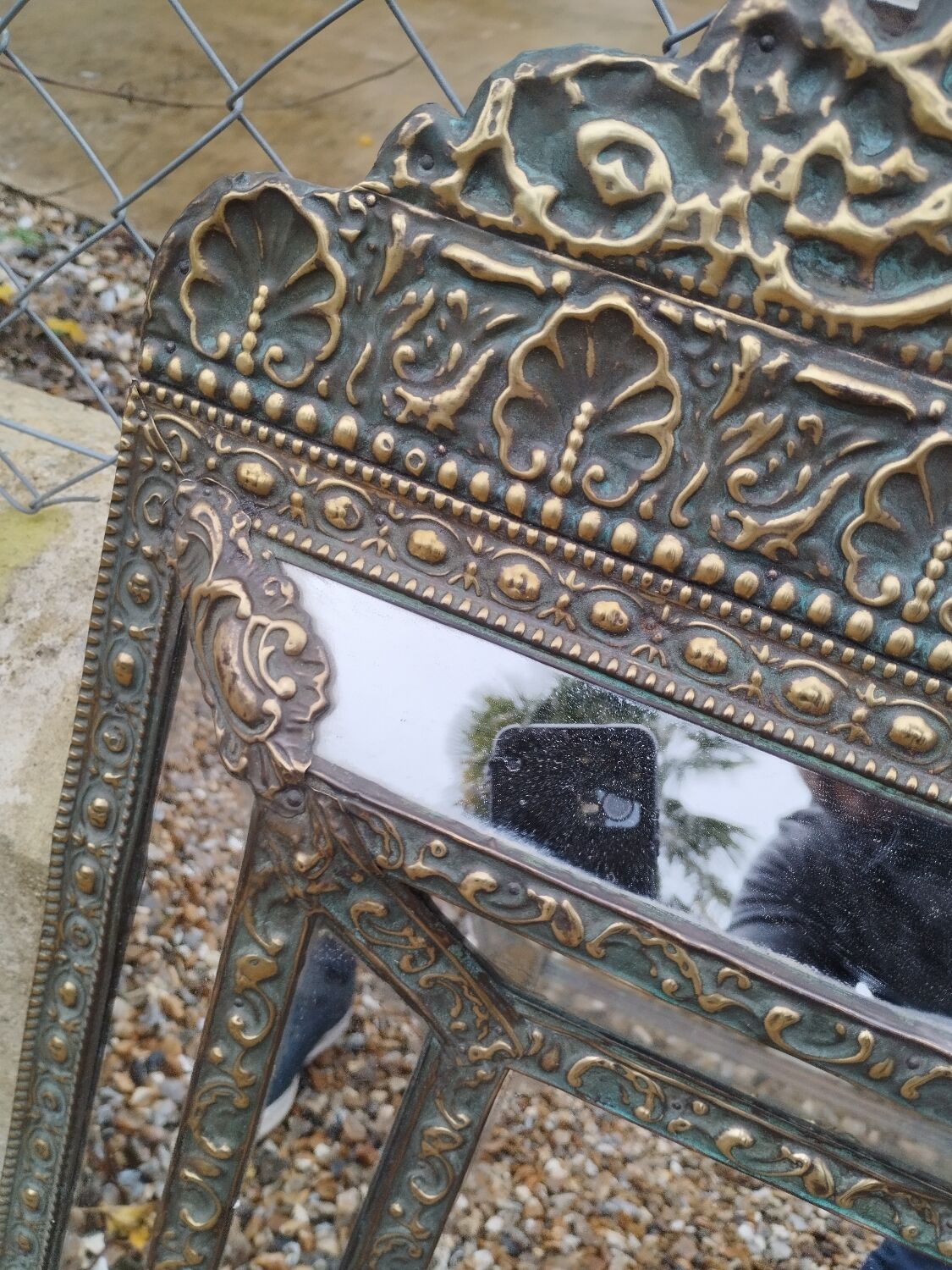Antique mirror with copper moulding.