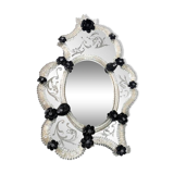 Venetian Black Floreal Hand-Carving Mirror in Murano Glass Style