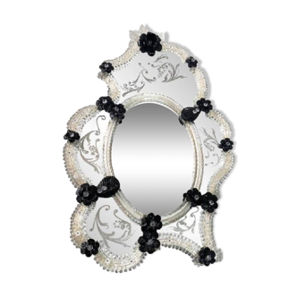 Venetian Black Floreal Hand-Carving Mirror in Murano Glass Style