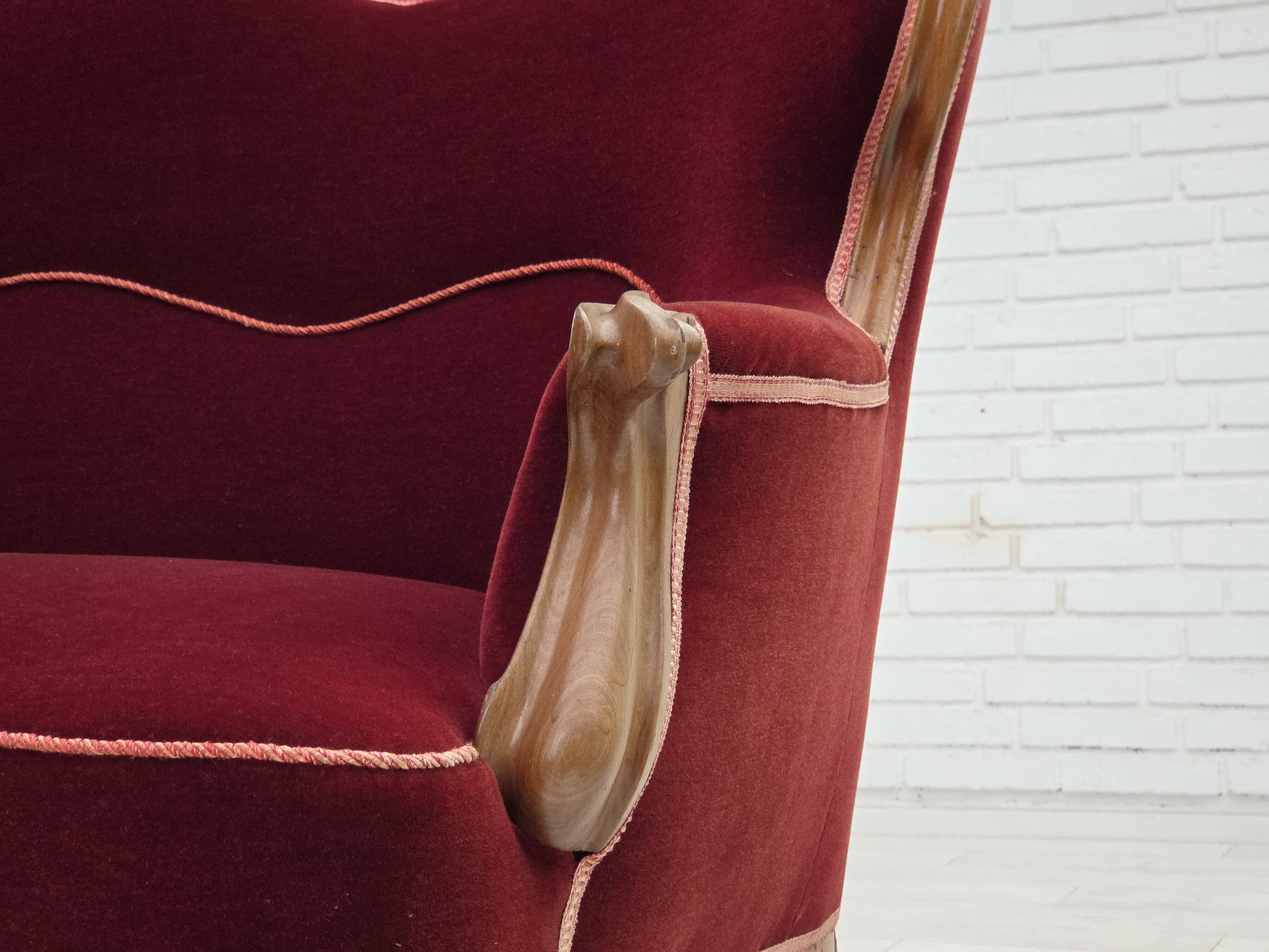 1930s, Danish 2-seater sofa, furniture velour, ash wood, reupholstered.