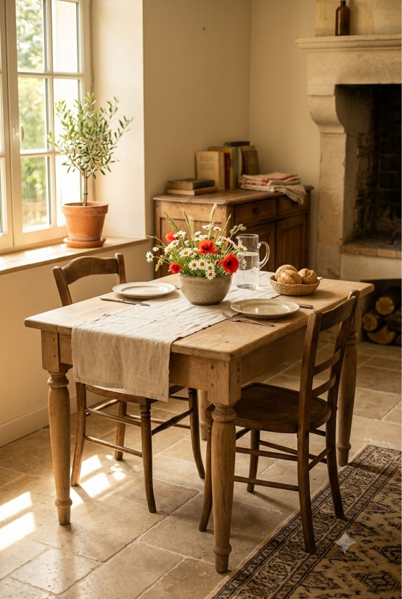 Compact farmhouse table 108x70cm stripped in a chic country style.