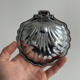Antique shell butter dish in silver metal and blue glass