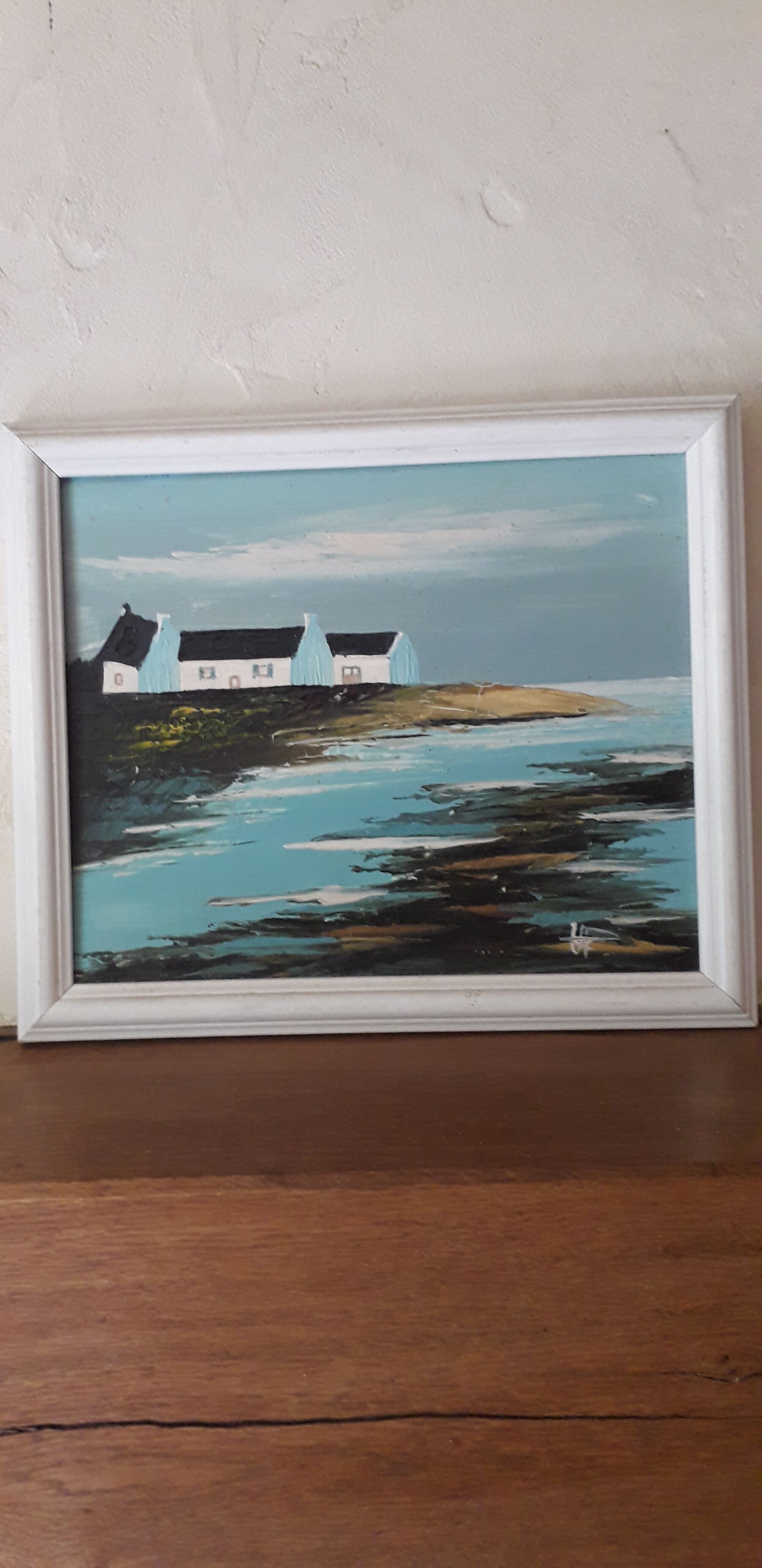 Painting signed oil painting of a seaside landscape