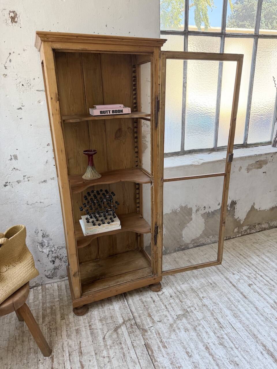 19th-century English pine display cabinet