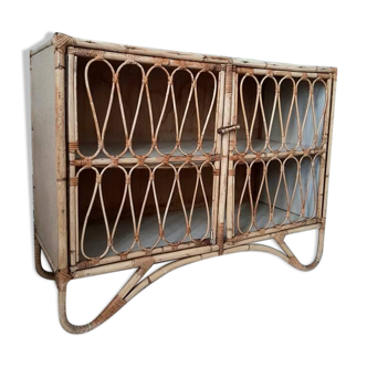 Vintage rattan sideboard, antique buffet, retro chest of drawers.