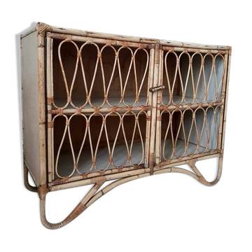 Vintage rattan sideboard, antique buffet, retro chest of drawers.