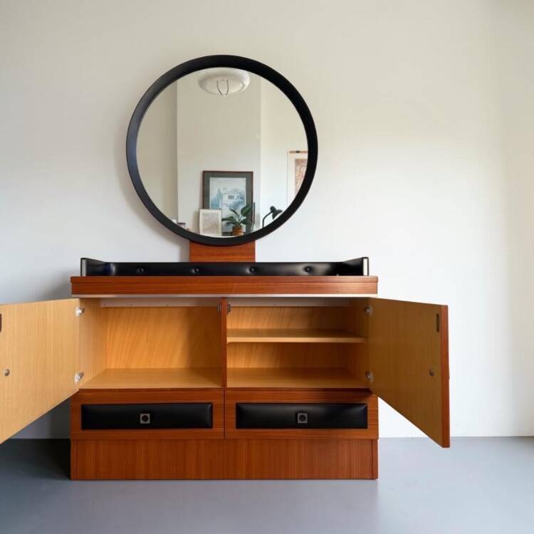 Vintage Mid-Century teak dressing table with large round mirror.