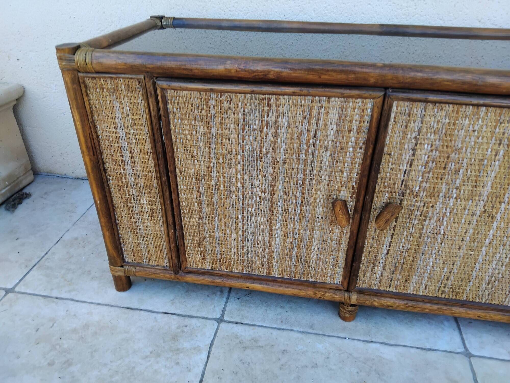 Vintage sideboard TV unit in rattan, bamboo and glass.