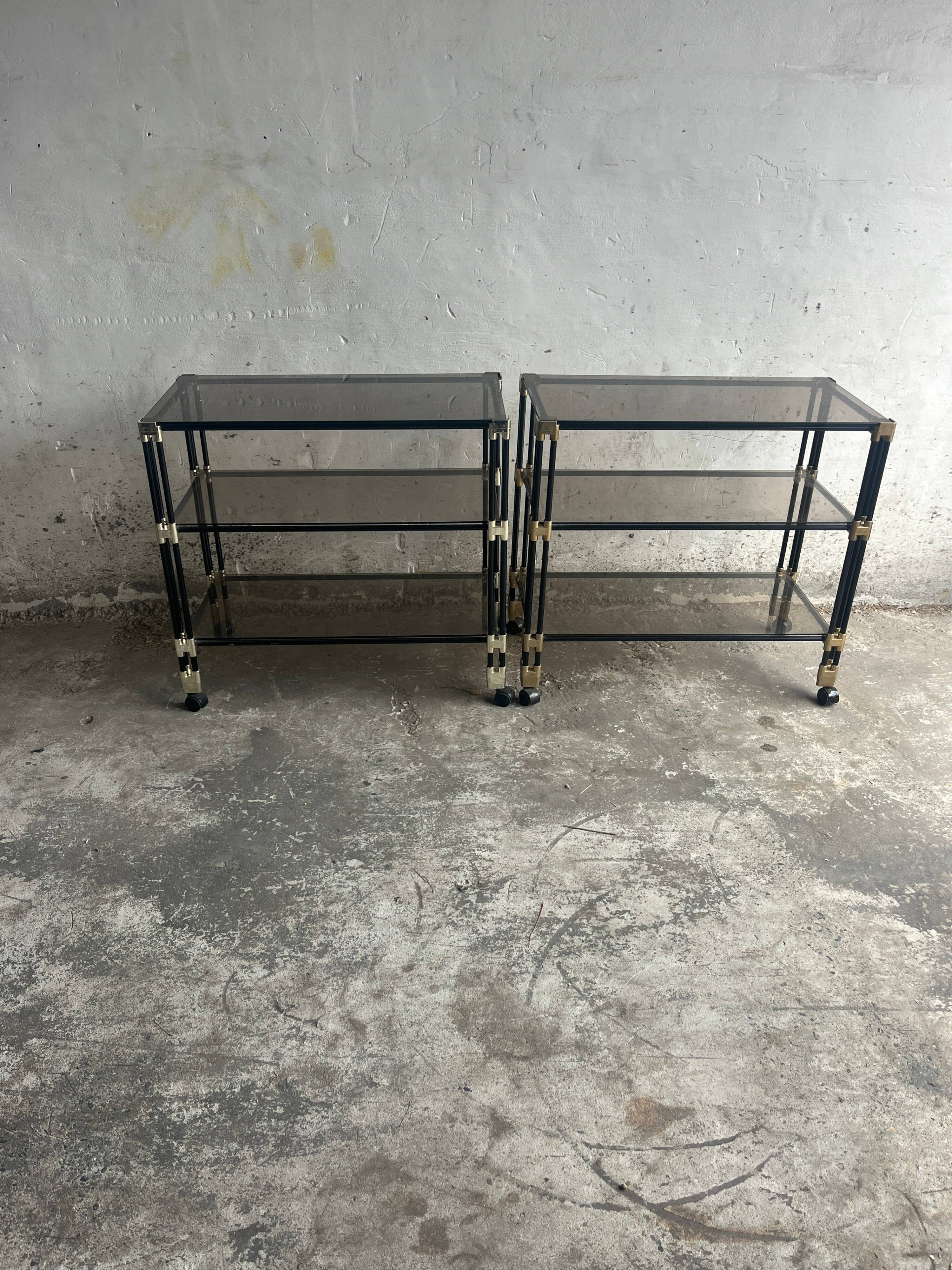 1980s Black Metal and Smoked Glass Side Table / Bar Cart Trolley