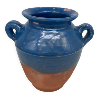Pot with confit in glazed blue terracotta XX th