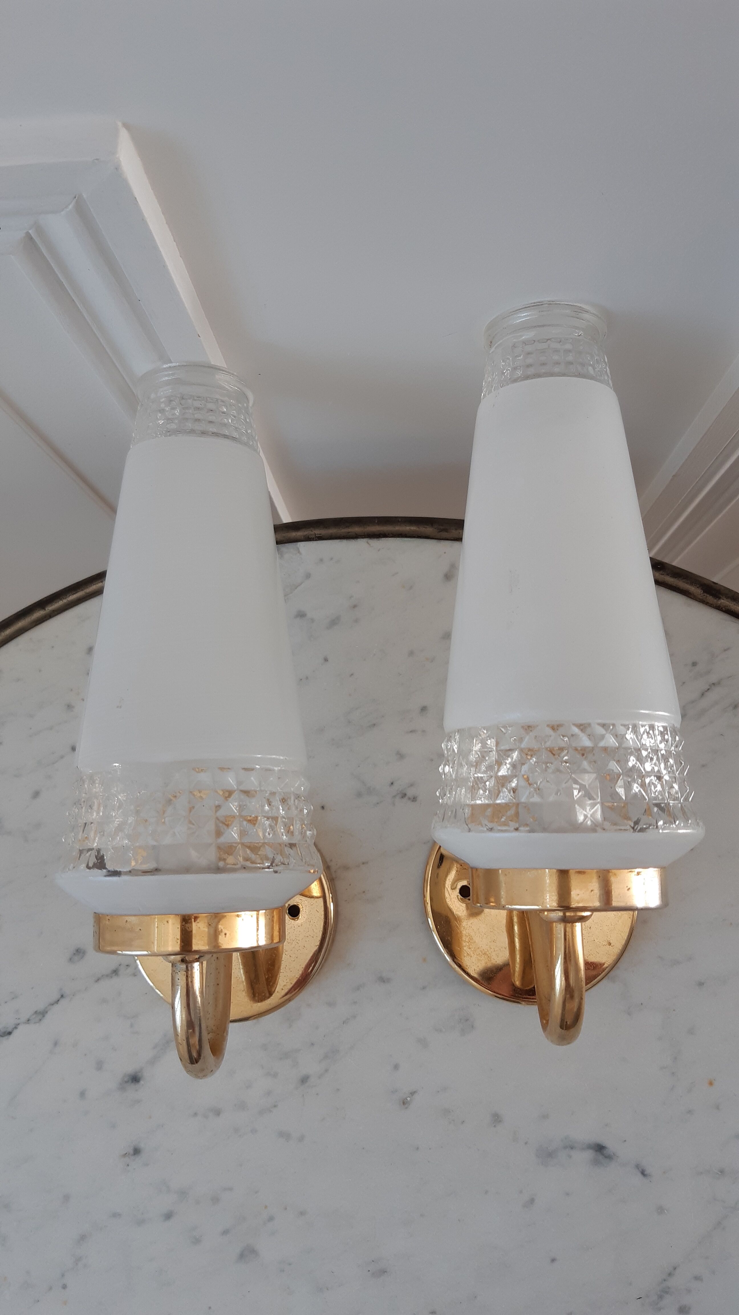 Pair of glass and gilded metal sconces 50s