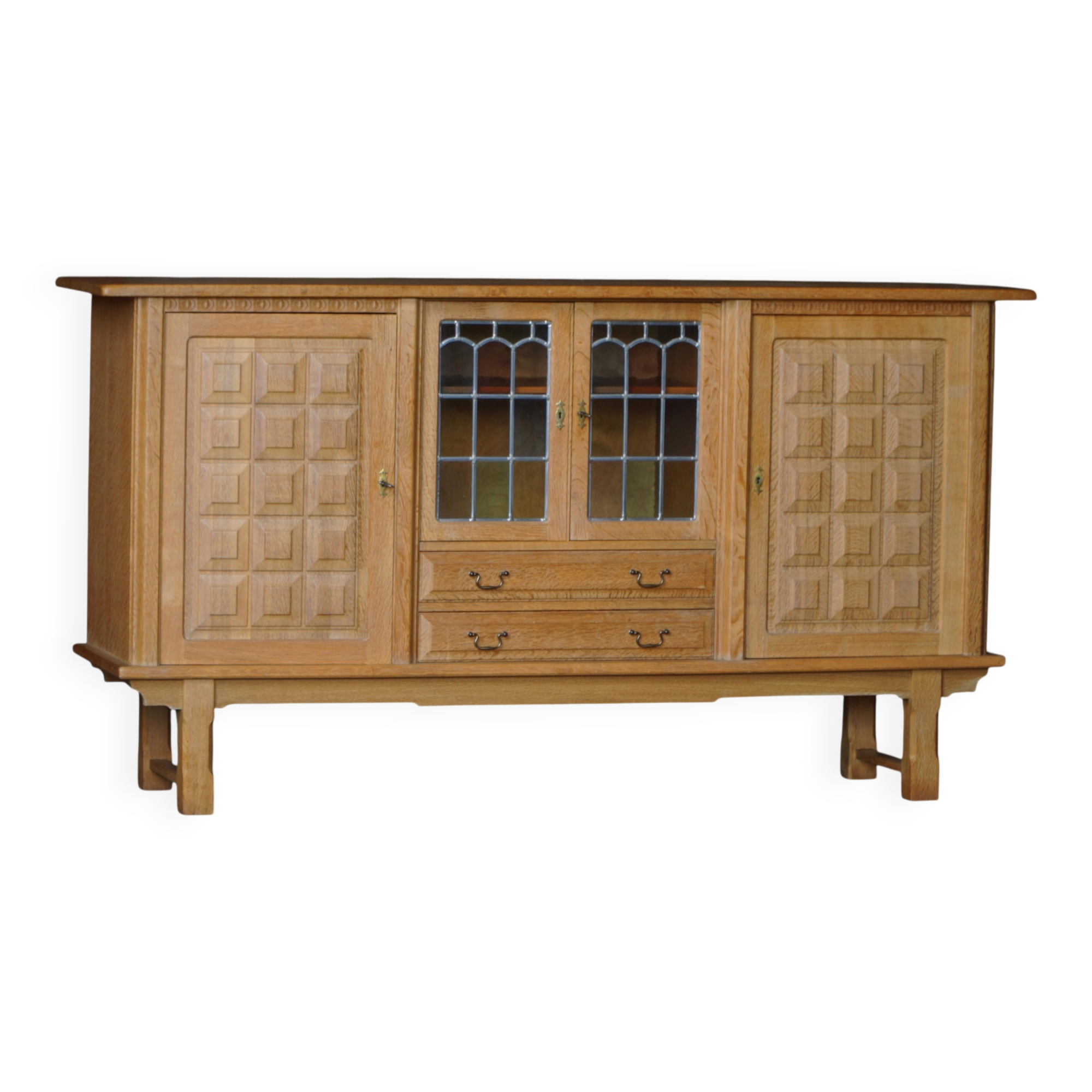 Danish oak buffet with lead glass doors, Henning Kjærnulf, Denmark, 1960s