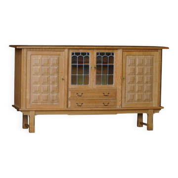 Danish oak buffet with lead glass doors, Henning Kjærnulf, Denmark, 1960s
