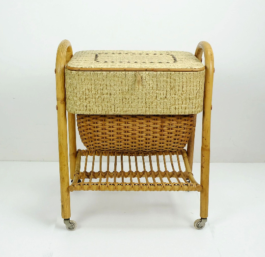 1950s mid century bamboo rattan wicker sewing box or knitting basket