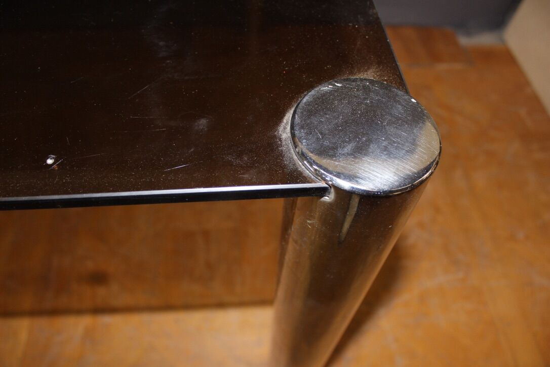 Chrome dining table and 1970 grey smoked glass
