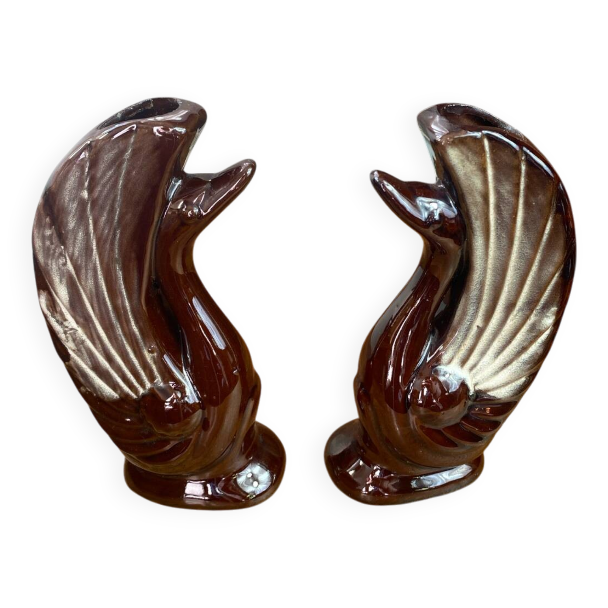 Pair of ceramic vases in the shape of swans.