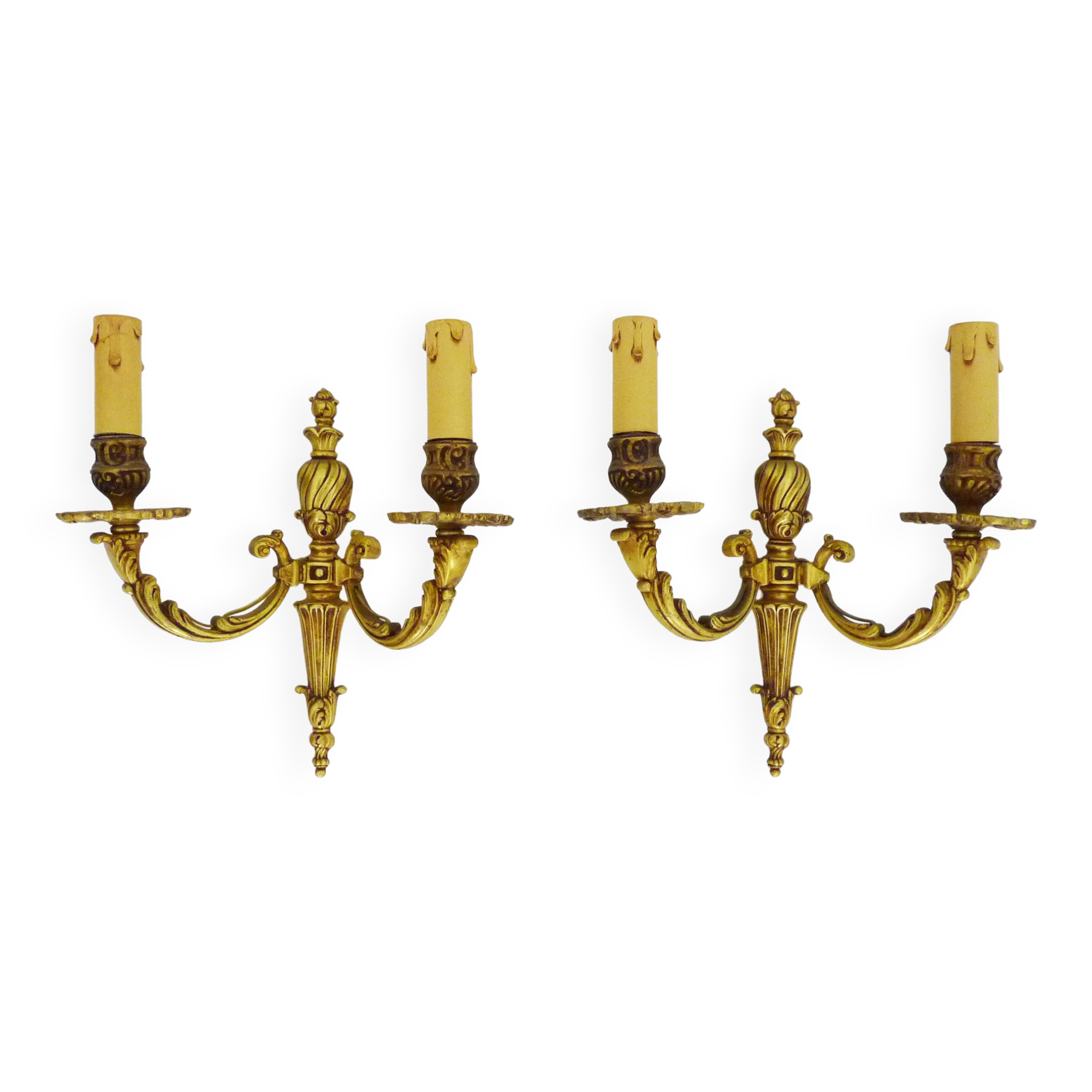 Old pair of bronze double-light wall sconces. 60s