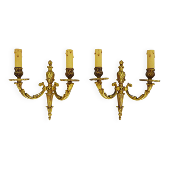 Old pair of bronze double-light wall sconces. 60s