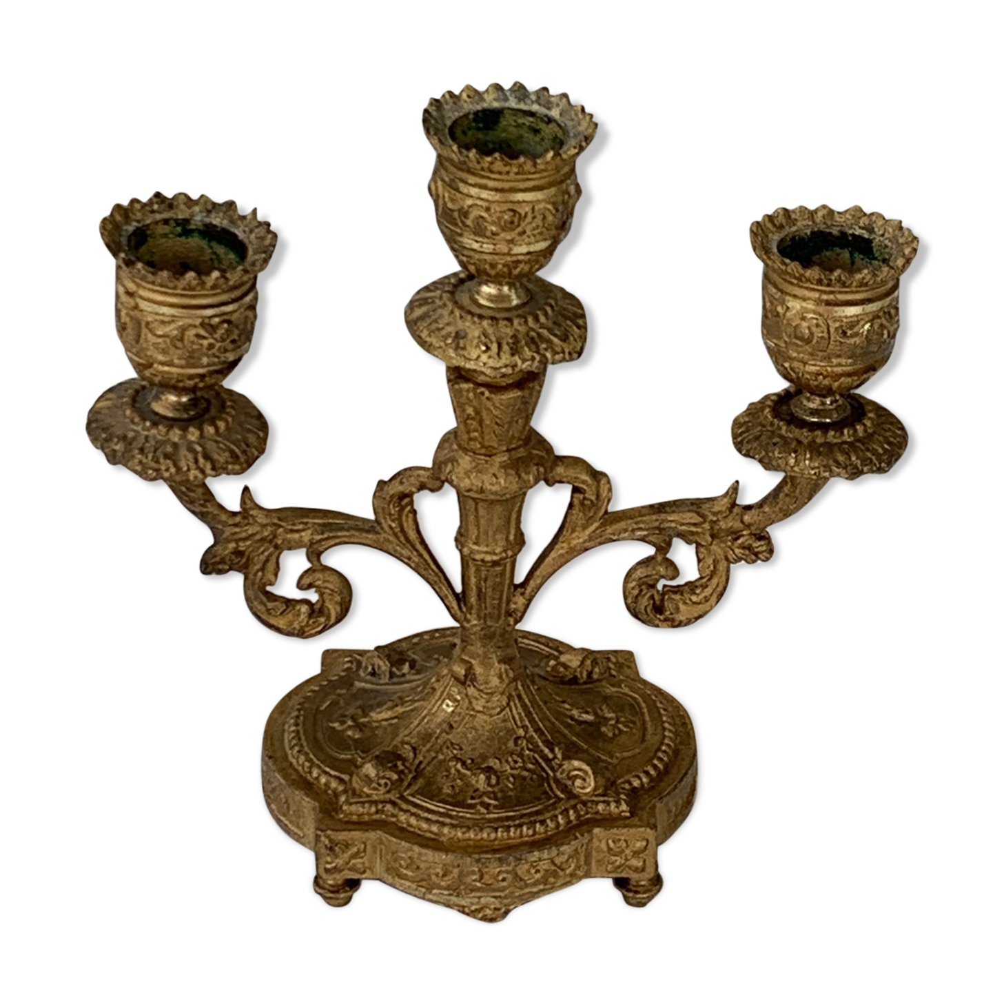 Old chiseled brass chandelier, 3 candlesticks, baroque floral pattern