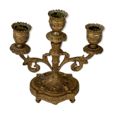 Old chiseled brass chandelier, 3 candlesticks, baroque floral pattern