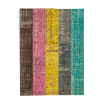 Hand-knotted oriental vintage 202 cm x 278 cm multicolor patchwork carpet