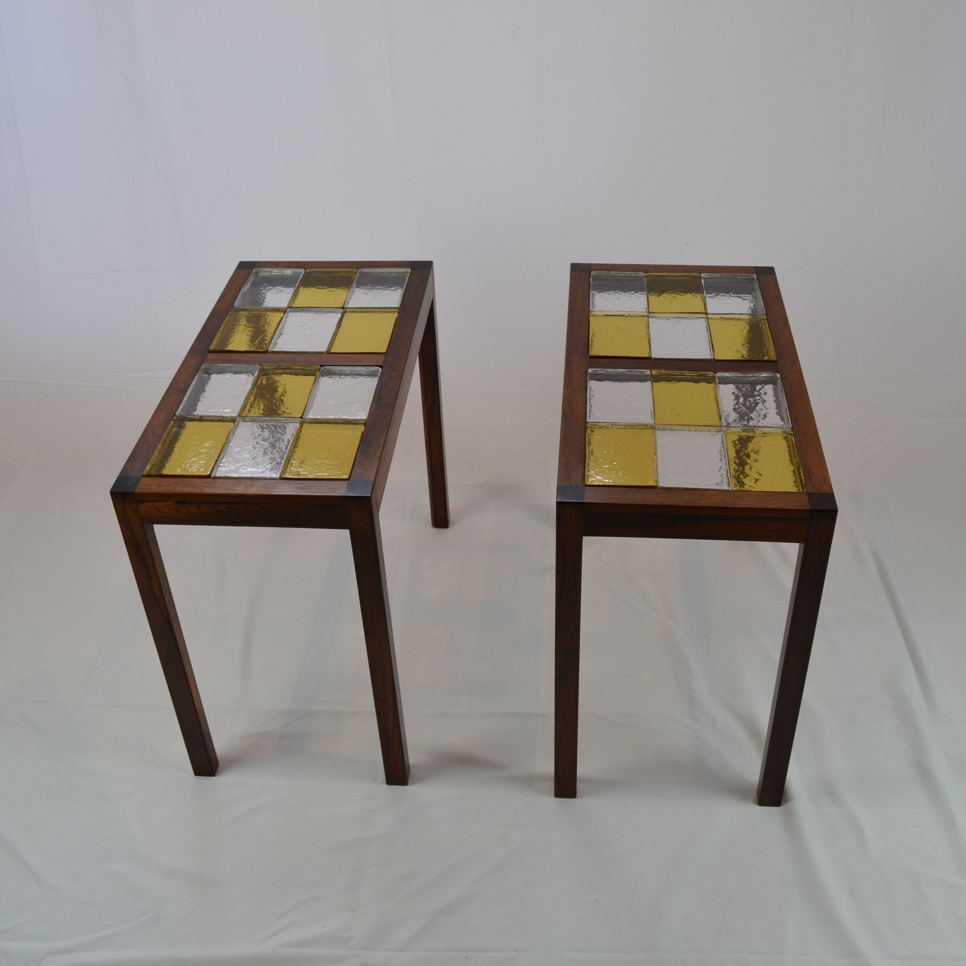Pair of Scandinavian coffee tables in rosewood and glass tiles
