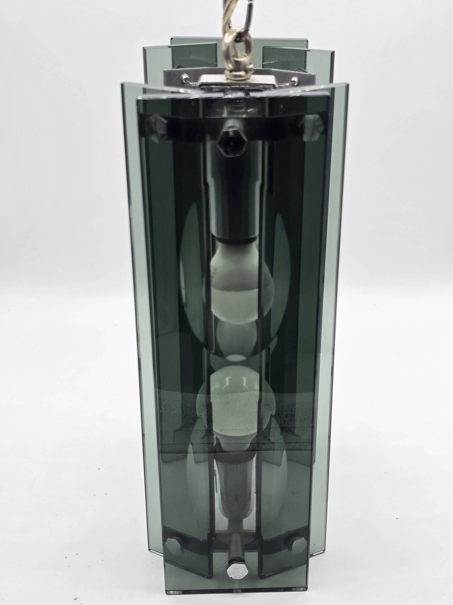 Green-grey glass and chrome metal suspension, in the style of Fontana Arte.