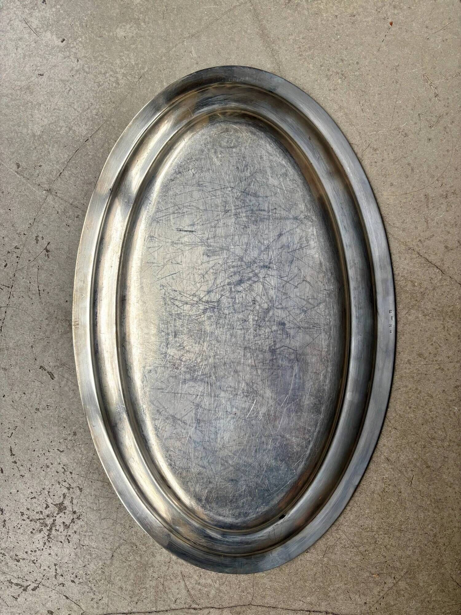 Oval silver-plated metal dish with palmette motif