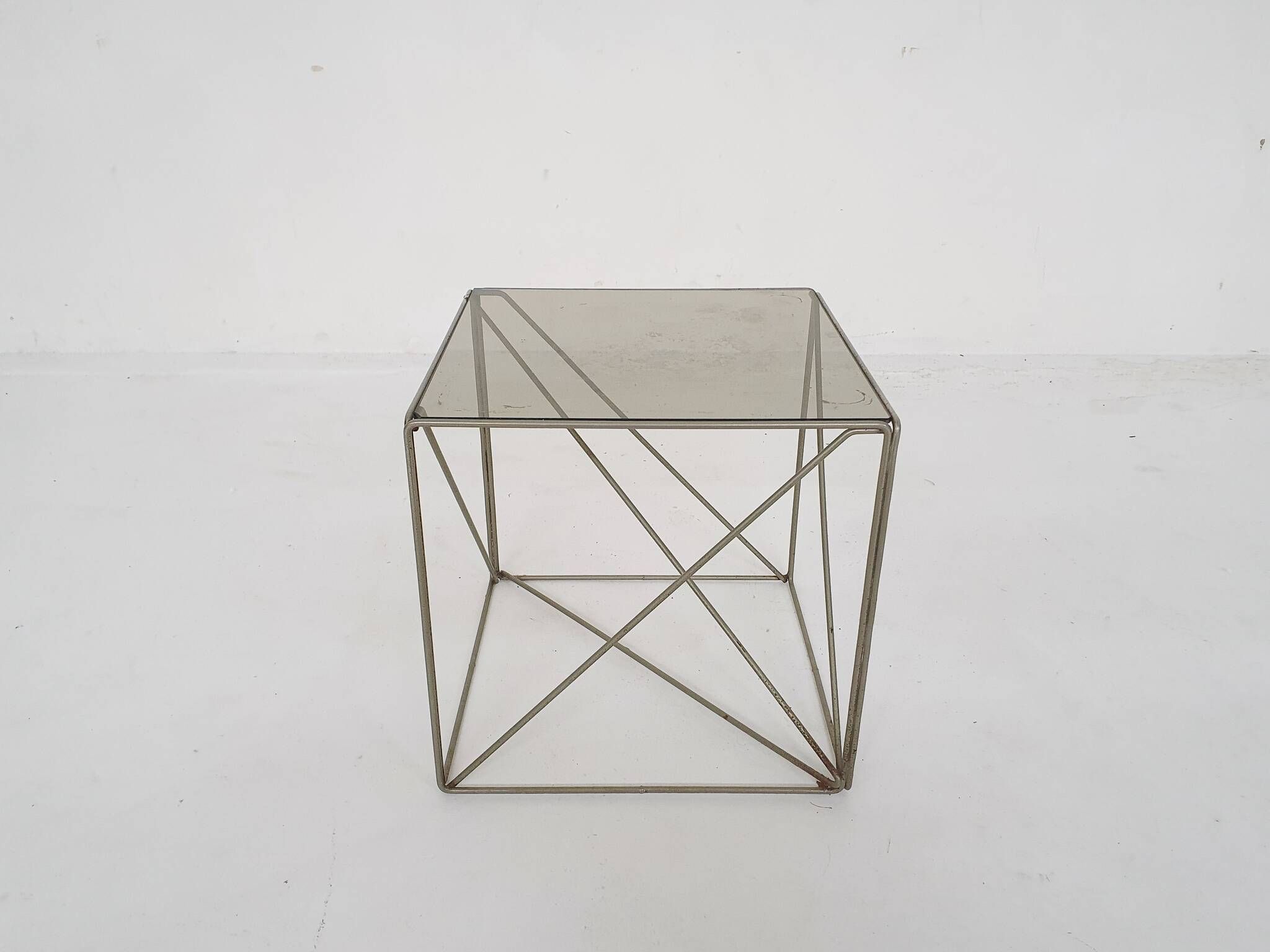 Rare metal and glass side table by Max Sauze, Isocele, France 1960's