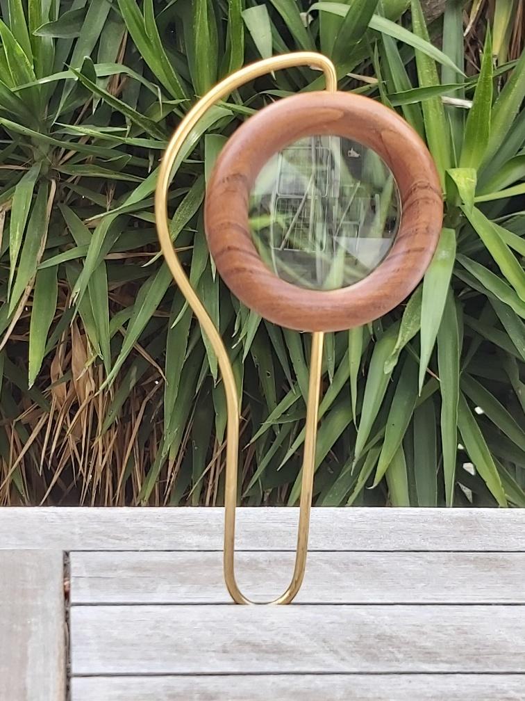Scandinavian design magnifier wood and brass