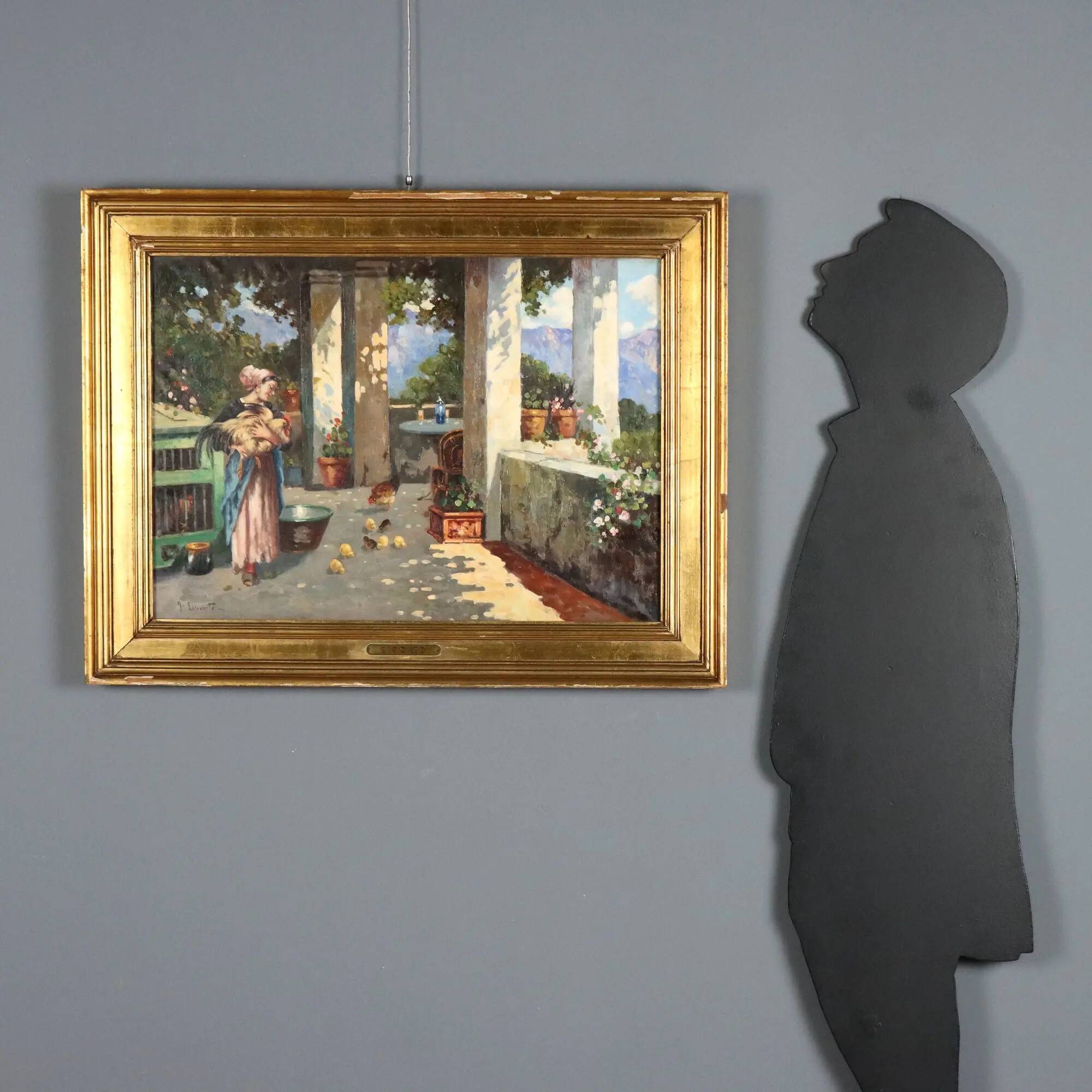 Old painting "The Porch" oil on canvas signed G. Esposito XX Century
