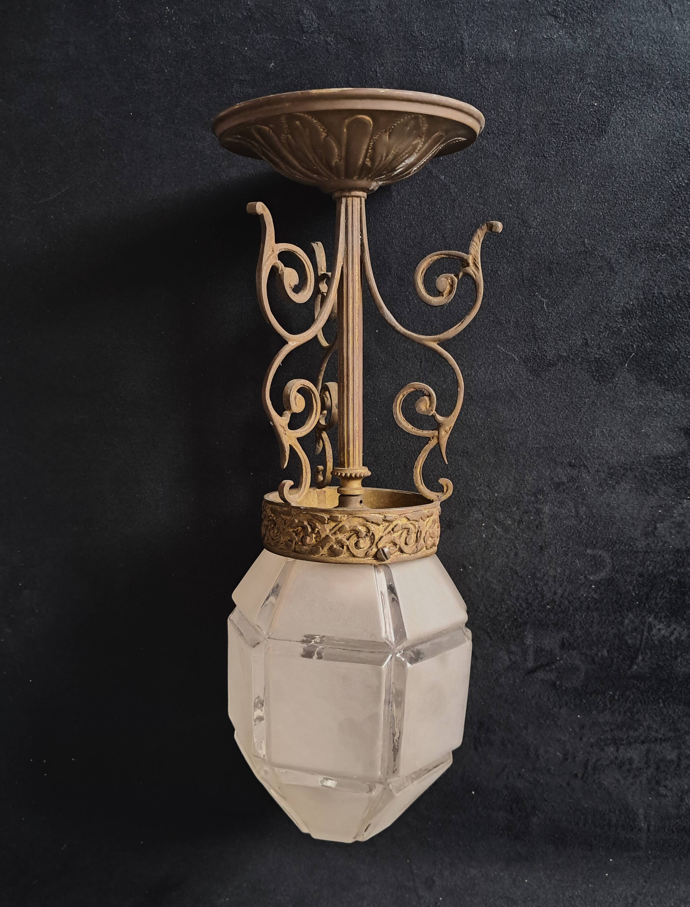 Art Deco Metal Pendant Lamp with Frosted Glass Globe