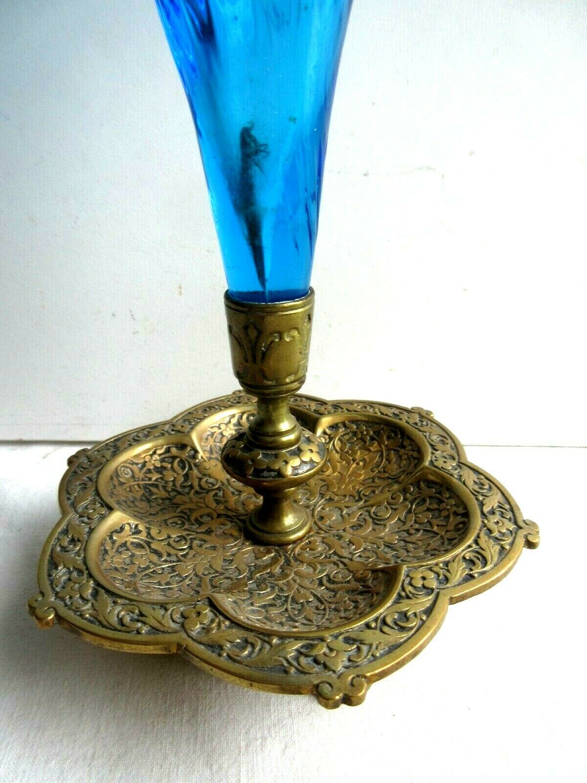 Napoleon III vase conical blue glass on cup and brass foot