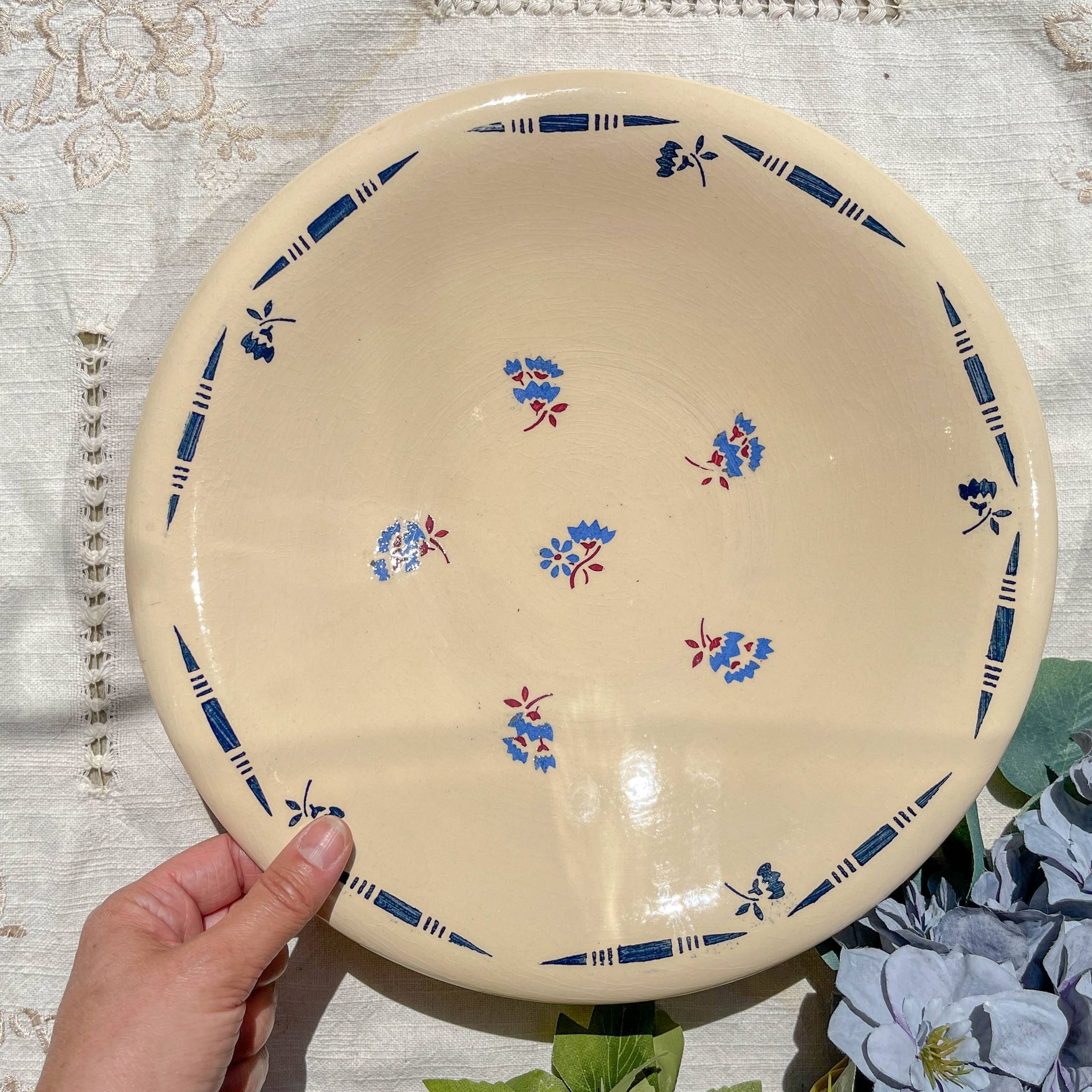 Vintage K&G Luneville "Flore" porcelain deep dish, 1950s, small blue flowers