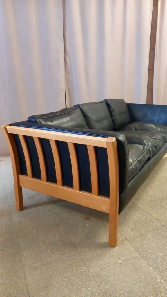Danish vintage 3 seater black leather Stouby sofa , 1960s