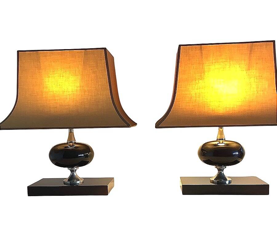 Pair of lamps, resin and chrome steel, by Philippe Barbier, circa 1970.