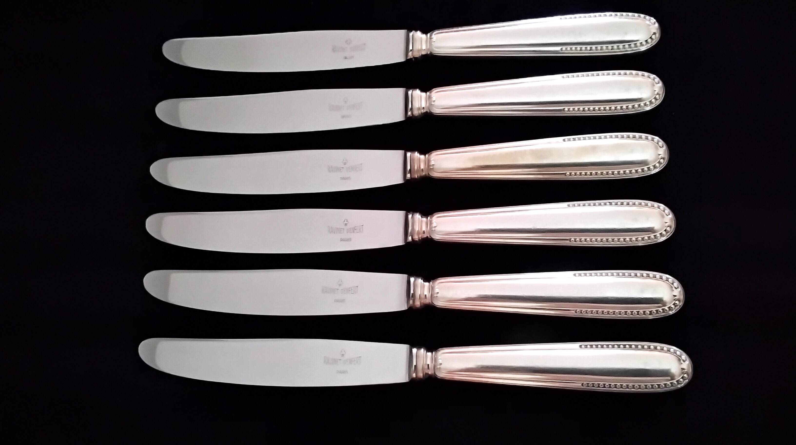 6 Silver-Plated Metal Table Knives Ravinet d'Enfert Beaded Model