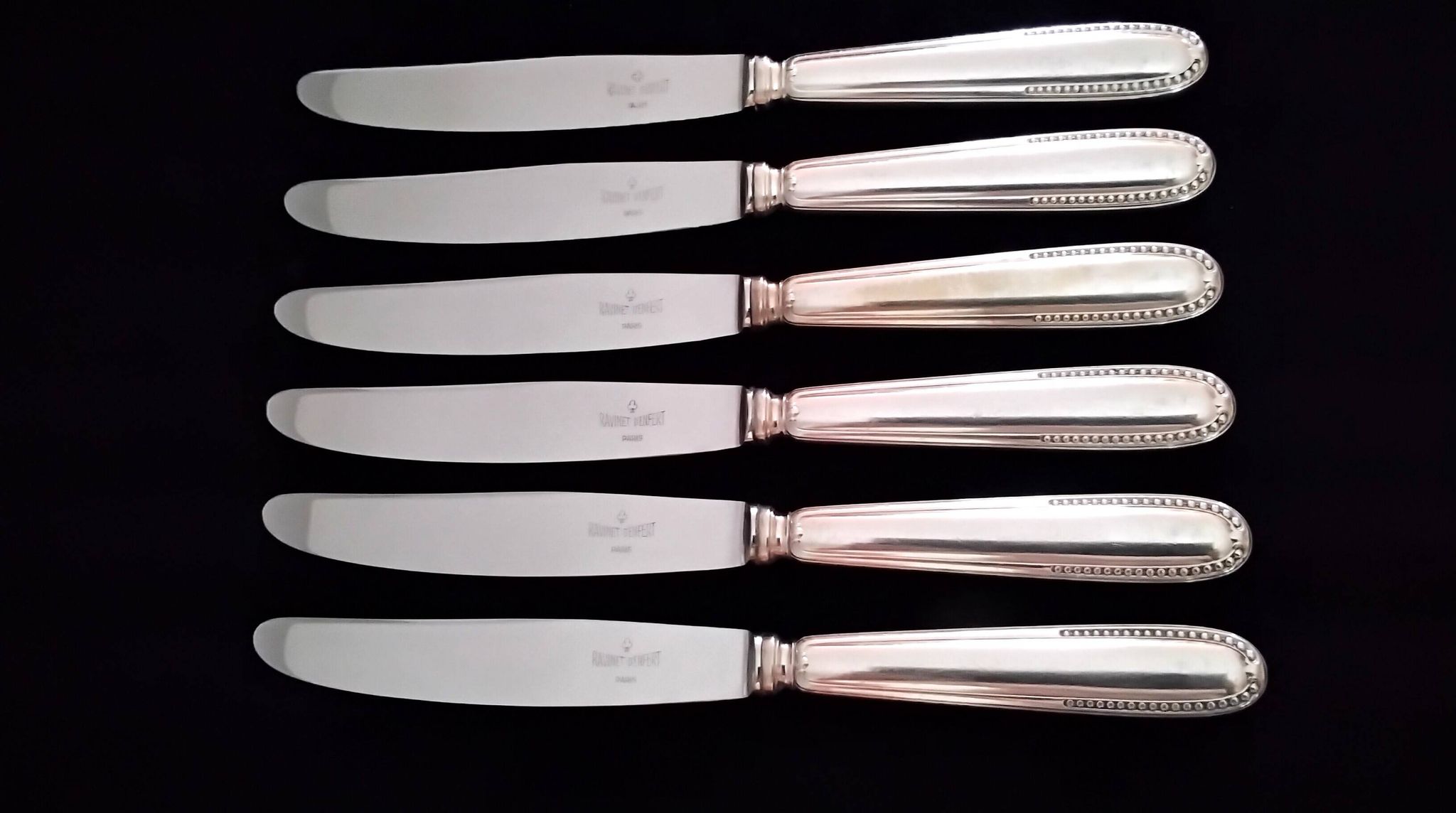 6 Couteaux de table Métal Argenté Ravinet d'Enfert  Modèle perlé