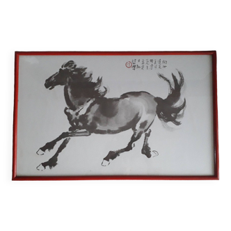 Old signed oriental painting representing a galloping horse