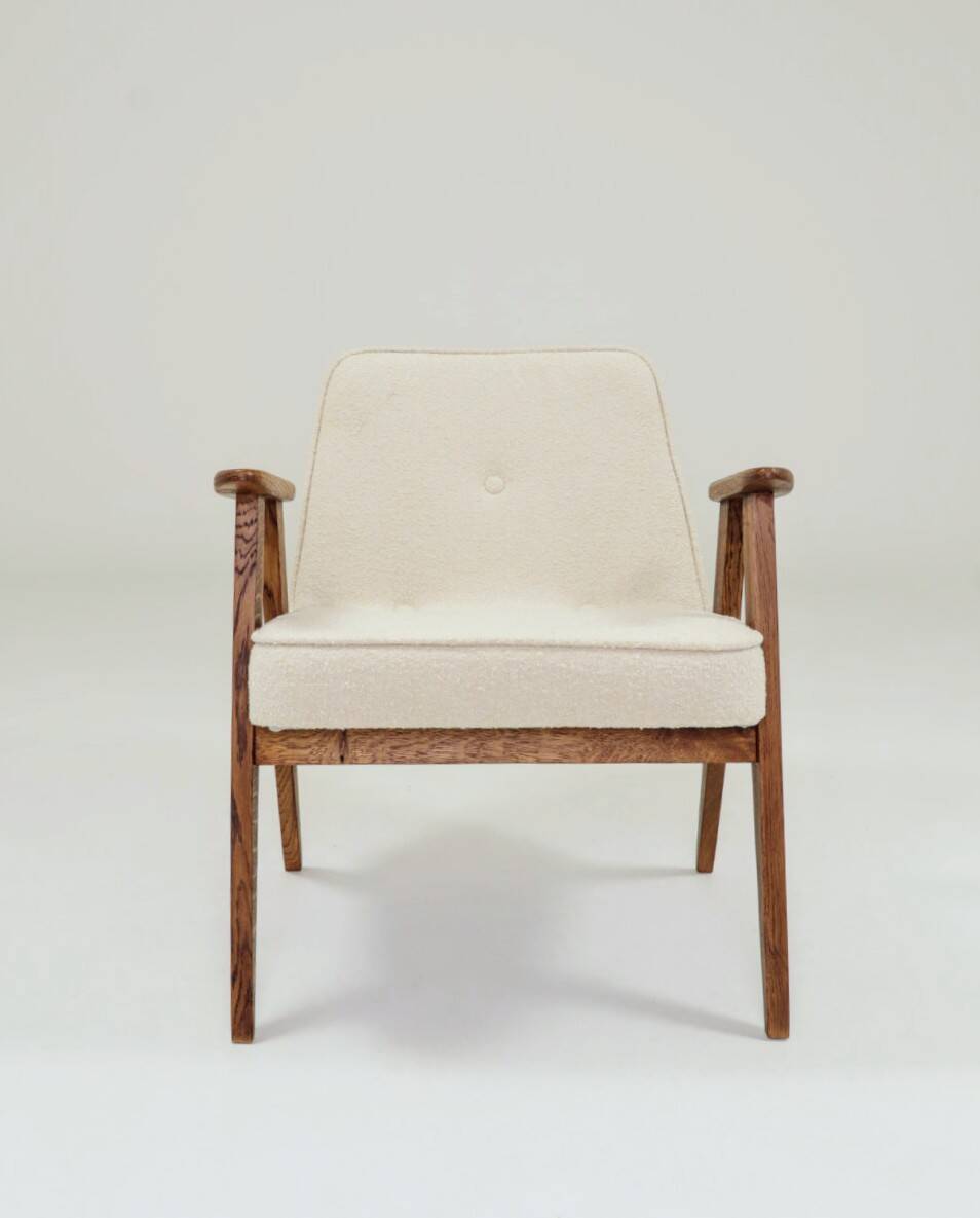 Vintage armchair with rustic wood and beige bouclé design by Chierowsky.