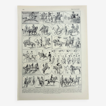 Gravure ancienne 1928, Equitation, cheval, hippique, équestrien • Lithographie, Planche originale