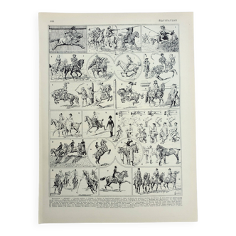 Gravure ancienne 1928, Equitation, cheval, hippique, équestrien • Lithographie, Planche originale