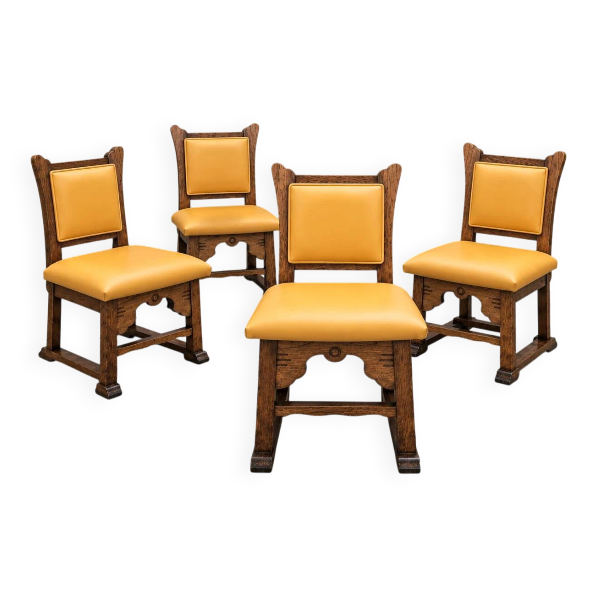 4 x oak brutalist dining chairs / side chairs / leather / 1960s