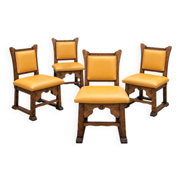 4 x oak brutalist dining chairs / side chairs / leather / 1960s