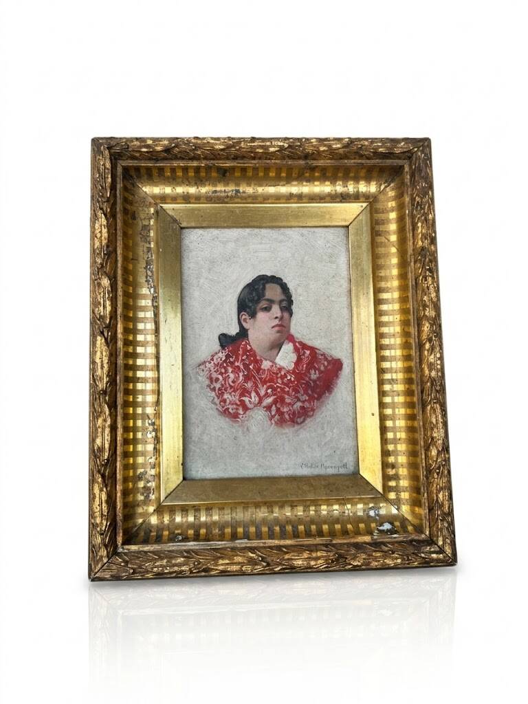Old Table XIX Portrait of a Woman in Traditional Costume - Signed Célest