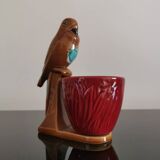 Cache pot figurative Perroquet barbotine marron bleu/vert