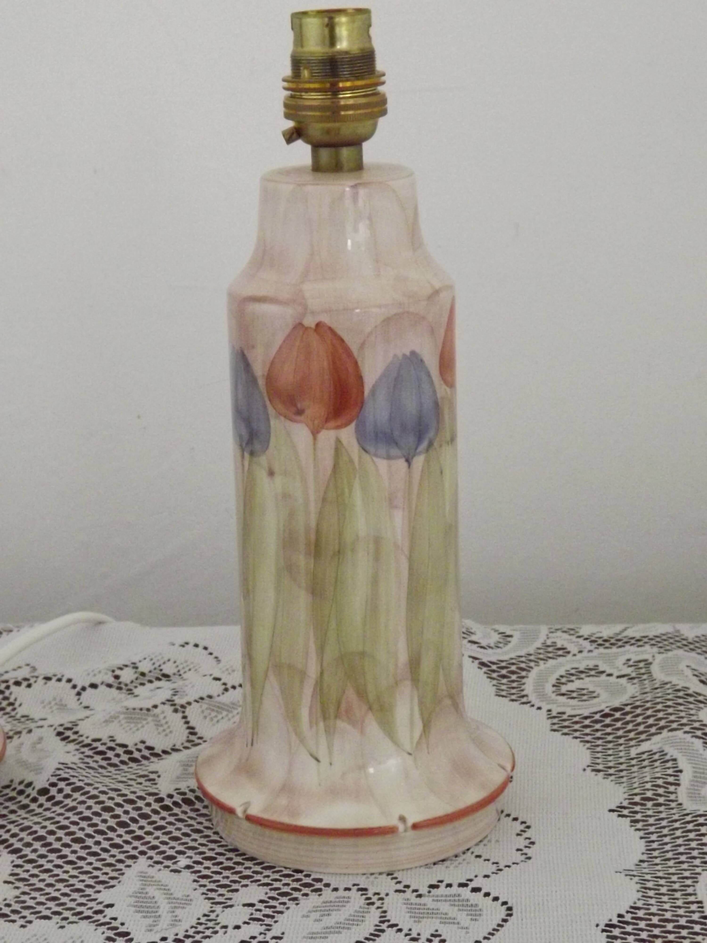 Set of 2 Hand-Painted Jersey Pottery Tulip Design Table / Bedside Lamps